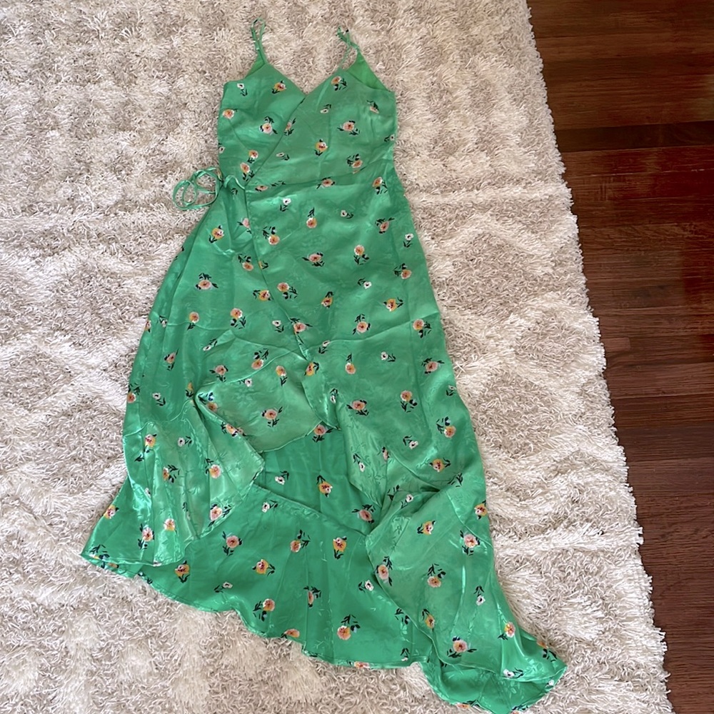 Green Satin Floral Wrap Dress
